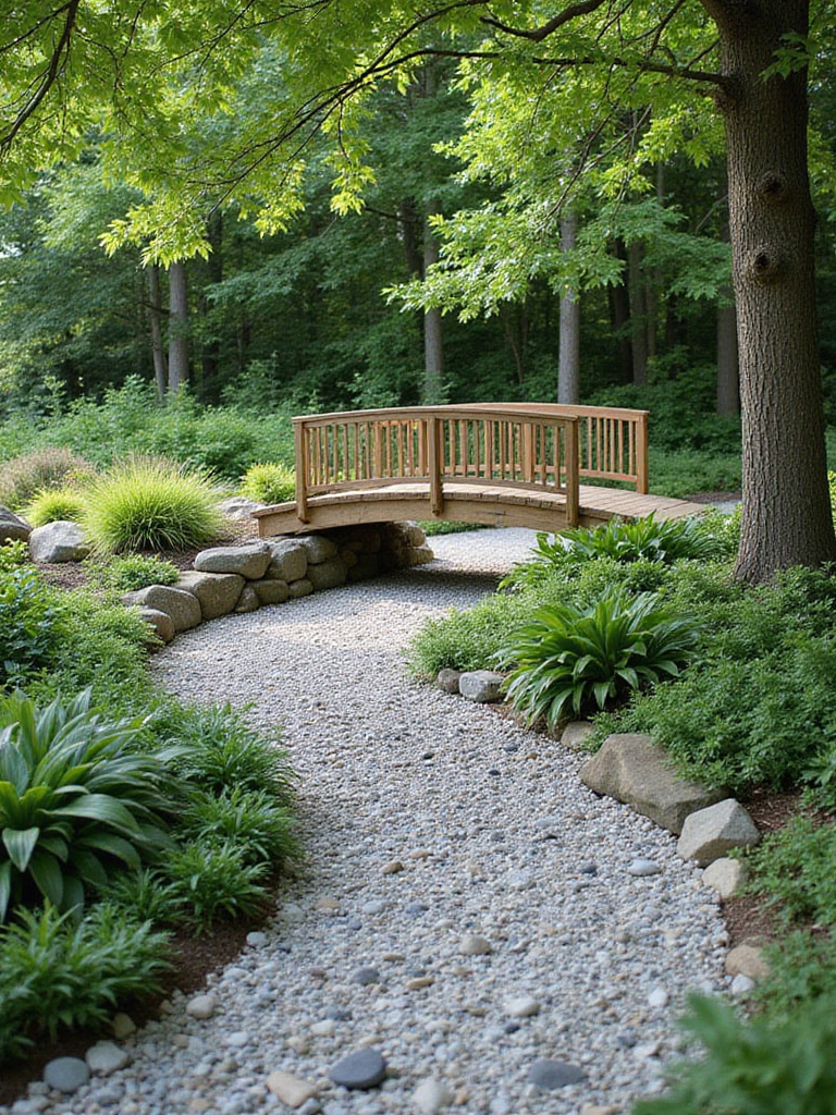 Decorative dry creek bed with river rocks and a small wooden bridge winding through a lush garden landscape.
