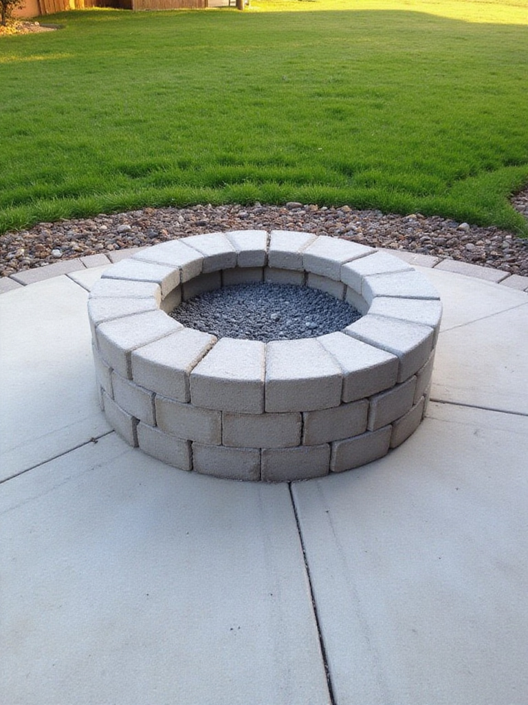 Simple DIY backyard fire pit made from stacked grey concrete landscaping blocks on a gravel base, surrounded by a paver patio.