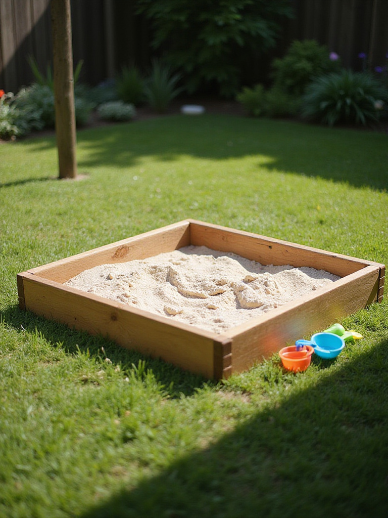 A simple square wooden sandbox filled with play sand sits in a sunny backyard, surrounded by green grass and a few colorful sand toys.
