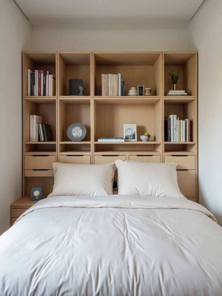 A headboard with integrated storage shelves and cubbies in a small bedroom, providing accessible bedside storage and eliminating the need for nightstands.