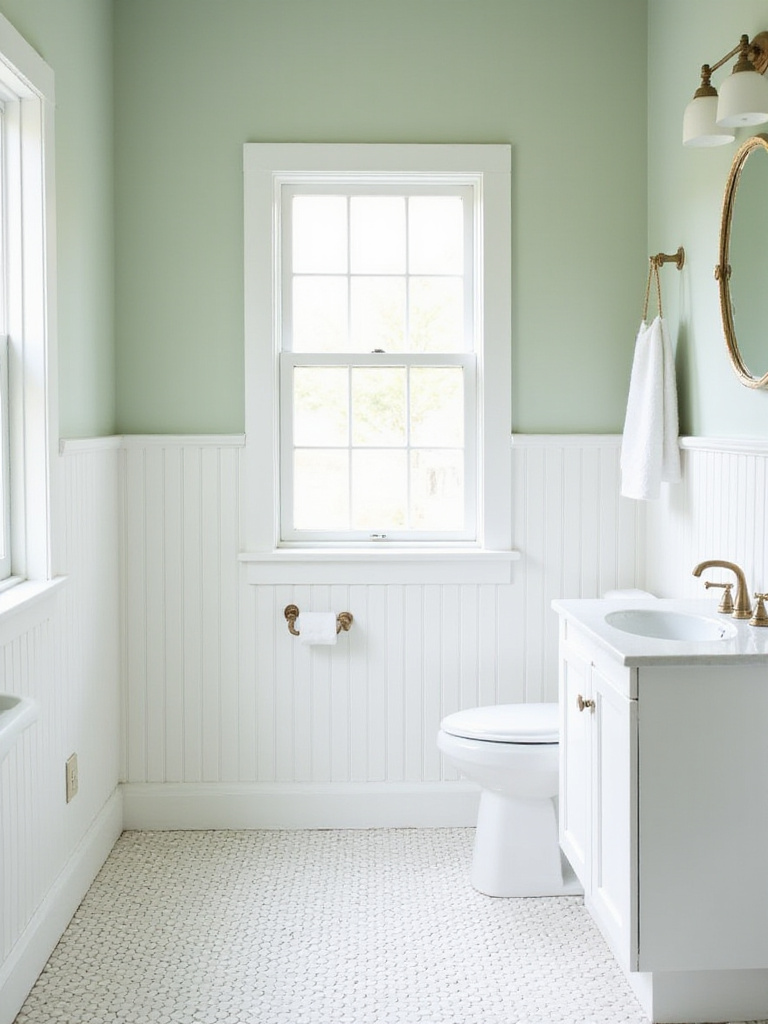 Classic bathroom featuring white beadboard wainscoting on the lower walls, providing a charming, protective finish.