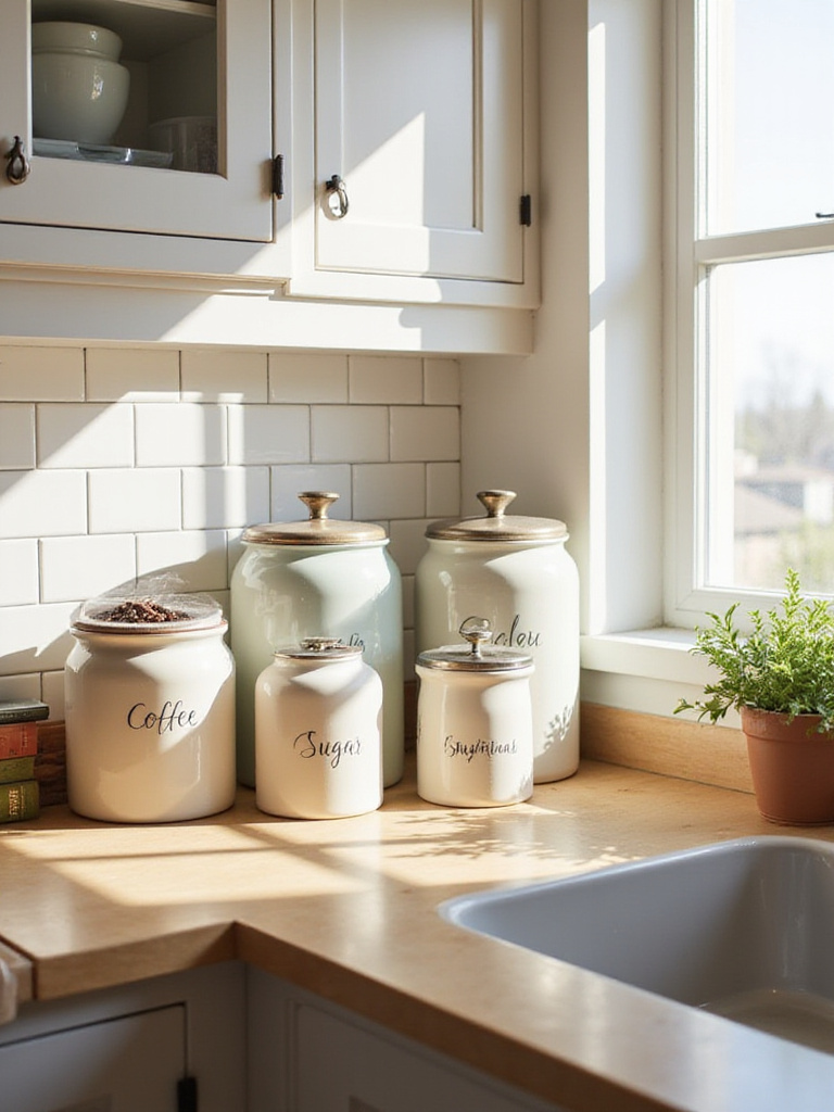 Stylish ceramic canisters holding dry goods on a kitchen countertop, enhancing storage and decor.