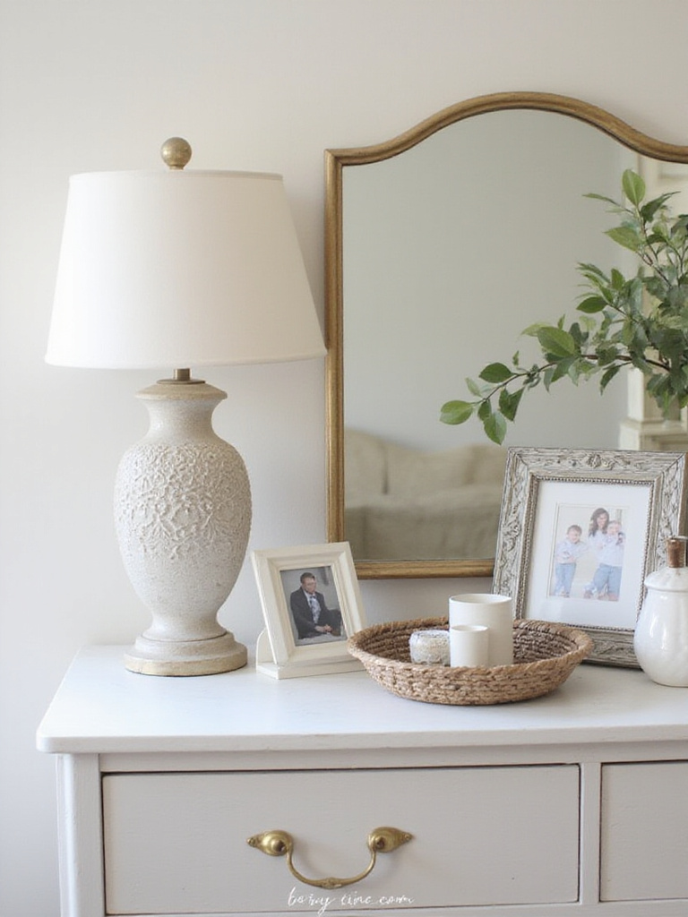 Accessories chosen in the right scale for a small bedroom, such as a medium-sized lamp and a decorative tray, creating a balanced and uncluttered look.