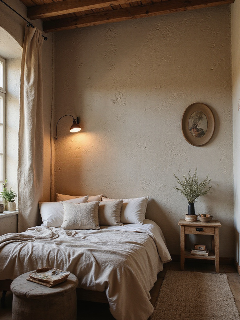 Rustic bedroom with textured painted walls mimicking plaster or stone finishes