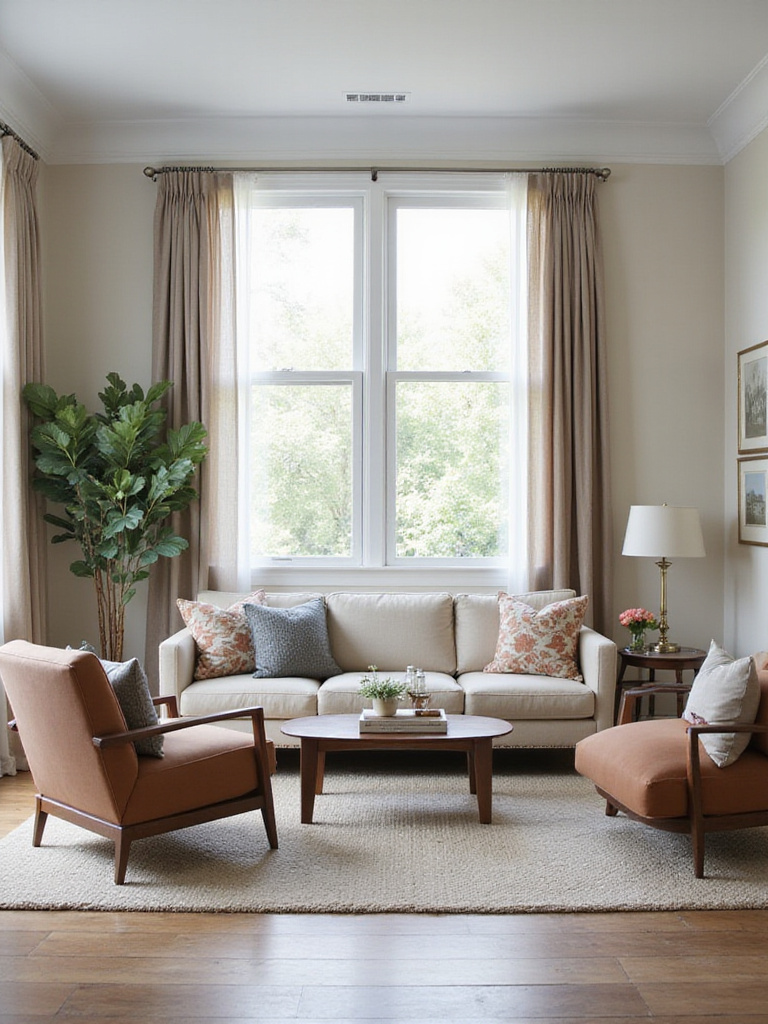 Living room with well-scaled furniture, ample space, balanced layout, natural light. Proportional sofa, chairs, table.