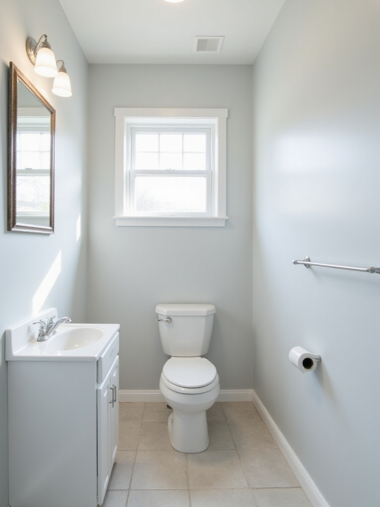 A small bathroom featuring soft gray walls that make the space feel bright and open, with a white sink, toilet, and mirror.