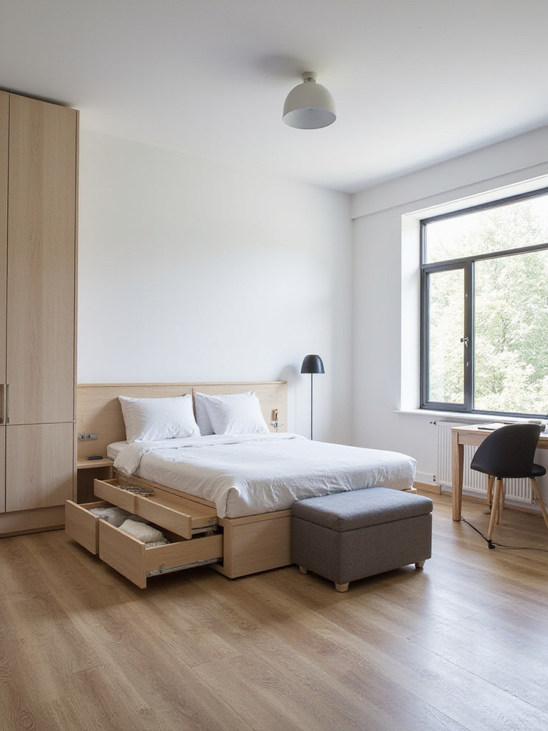 Modern apartment bedroom showcasing space-saving multi-functional furniture, including a bed with storage drawers, a storage ottoman, and a cabinet with a pull-out desk.