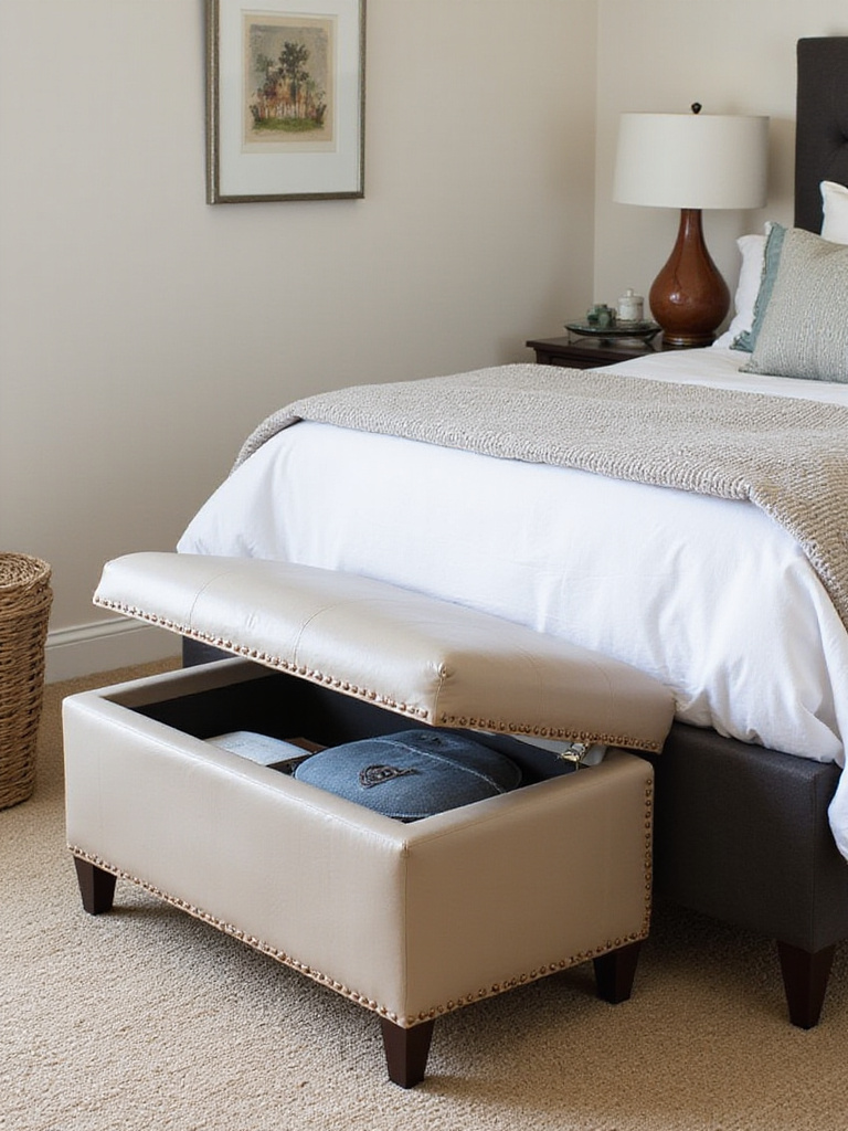 Multi-functional furniture in a small bedroom, such as a storage ottoman that provides seating and hidden storage, chosen wisely to save space.