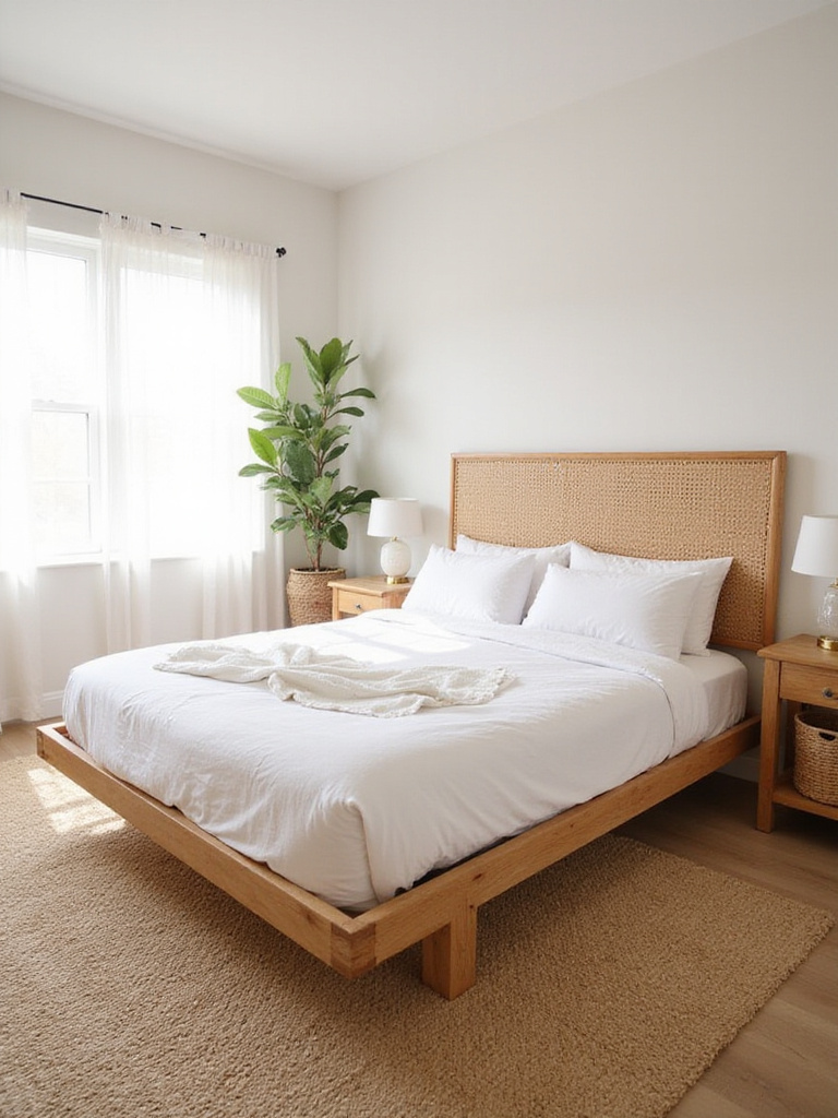 Boho bedroom featuring rattan headboard, jute rug, and wooden nightstand.
