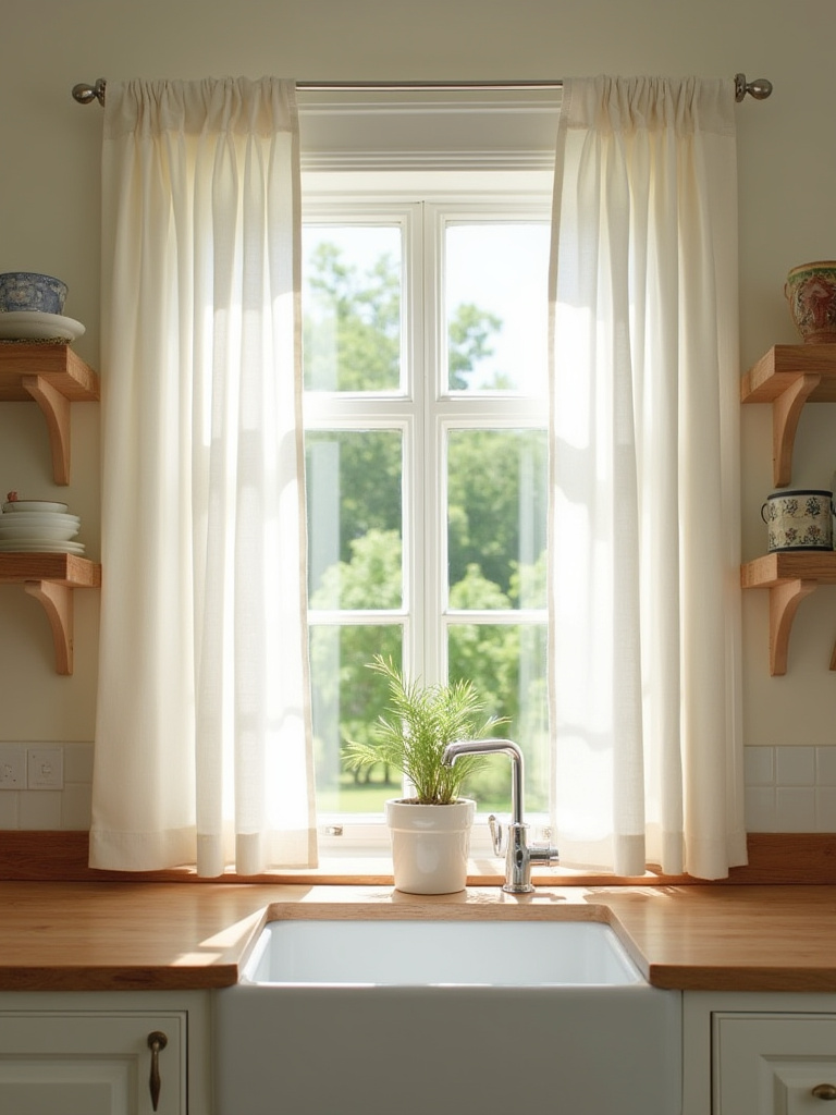 Farmhouse kitchen window with simple white linen cafe curtains.