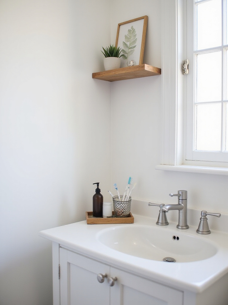 Small-scale bathroom accessories, including a slim soap dispenser, small toothbrush cup, tiny tray, miniature plant, and small framed art, neatly arranged on a vanity and shelf in a small bathroom to maximize space.