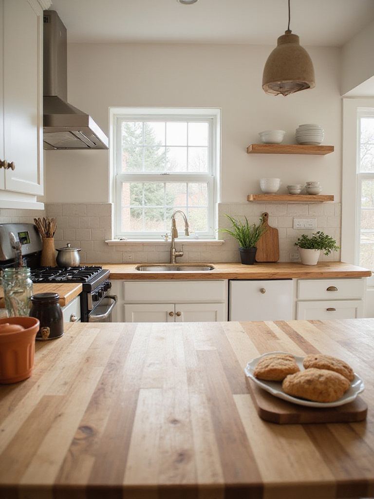 Modern kitchen featuring warm, medium-toned butcher block countertops paired with light cabinetry, showcasing the natural wood grain and adding a cozy feel to the space.