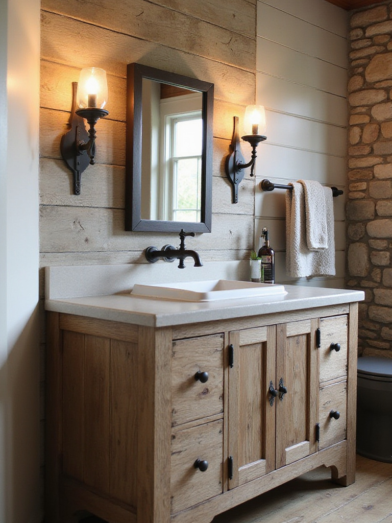 Rustic bathroom featuring a distressed wood vanity with a white sink, matte black faucet, and a wrought iron mirror frame.