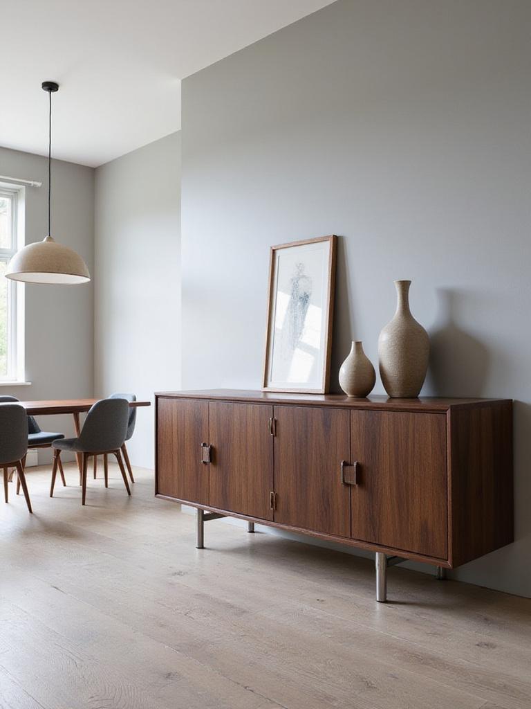 Sleek modern walnut credenza in a contemporary dining room.