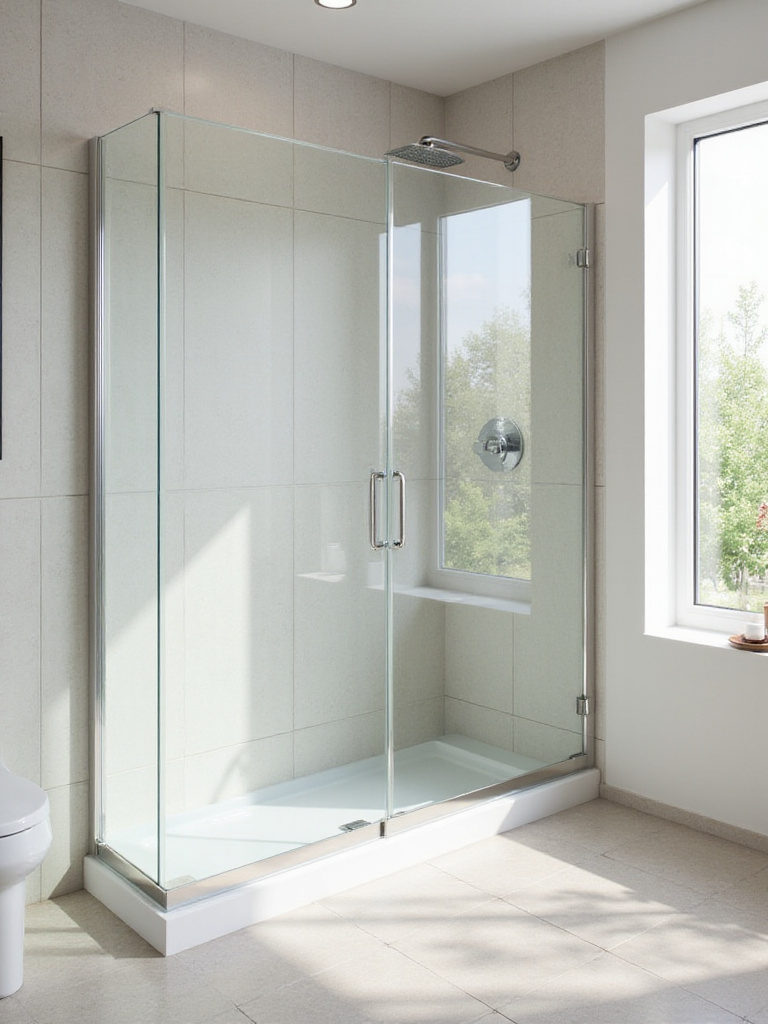 Modern small bathroom with a clear frameless sliding glass shower door, showing how it saves space and makes the room feel larger.
