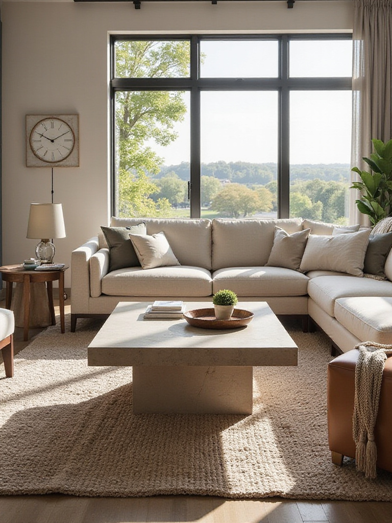 A stylish modern transitional living room interior featuring a beautiful coffee table as the central focal point among comfortable seating and a rug.