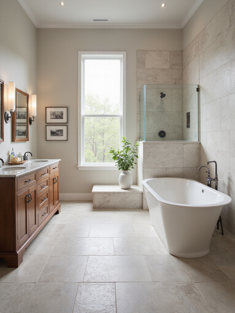 Interior of a luxurious master bathroom showcasing durable materials like large format tile flooring, quartz countertops, and porcelain shower walls, creating a serene and stylish retreat.