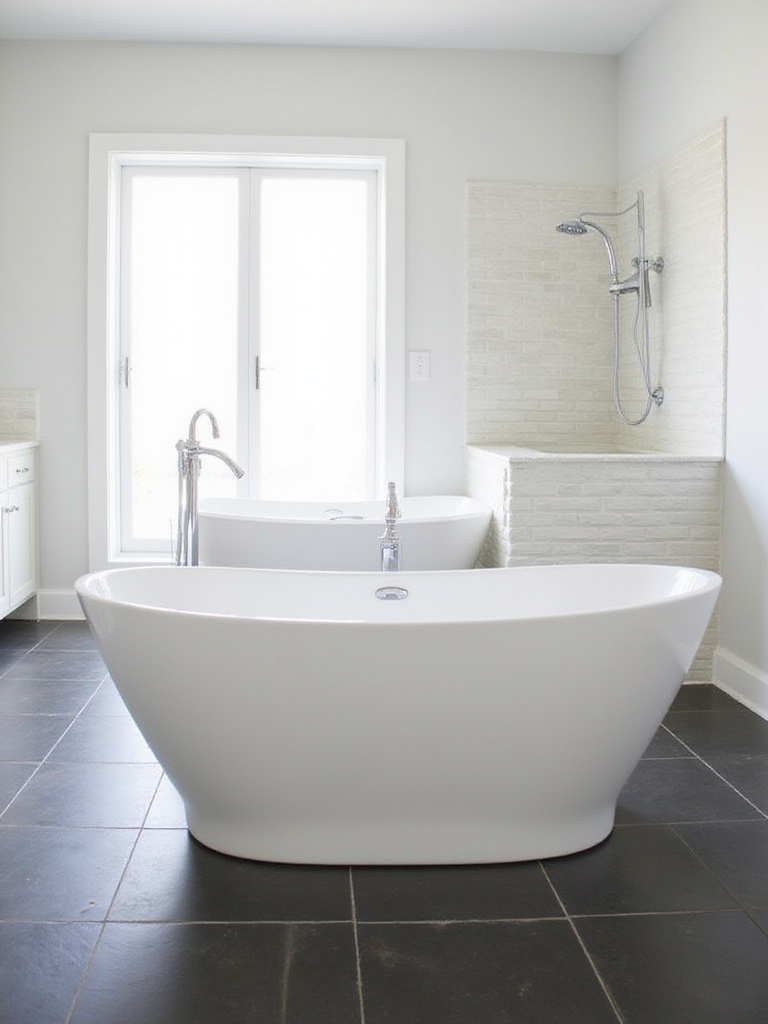 Bathroom scene showing a freestanding slipper tub and a drop-in alcove tub, illustrating different bathtub types for remodel choices.