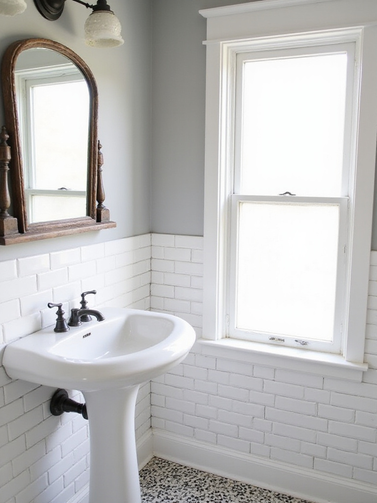 Bathroom with classic white subway tile wainscoting