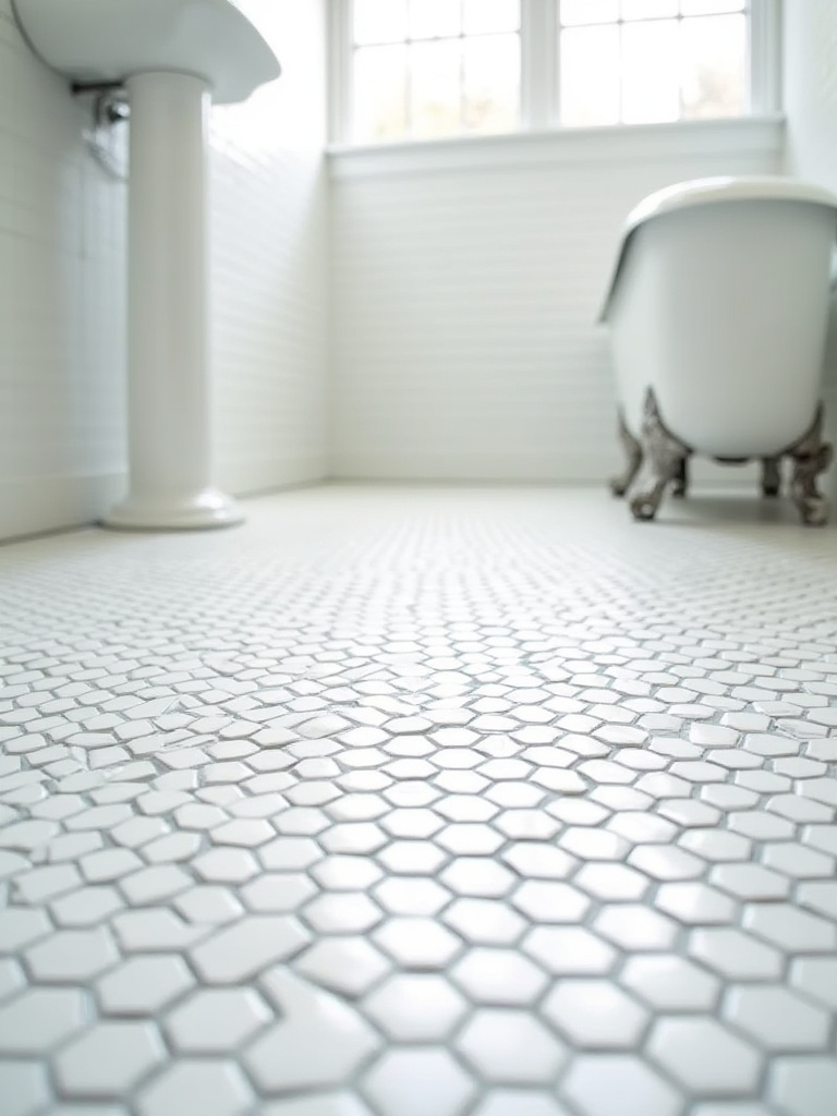 Classic bathroom floor tiled with small white hexagon tiles and dark grout.