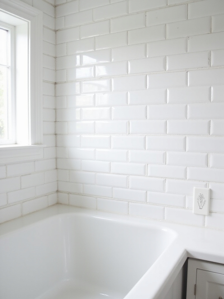 White subway tile bathroom wall with light gray grout