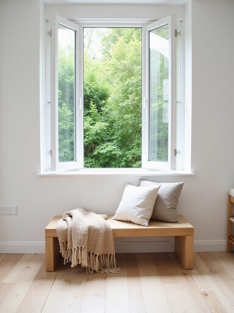 Modern living room with clean-lined oak bench beneath a large window.