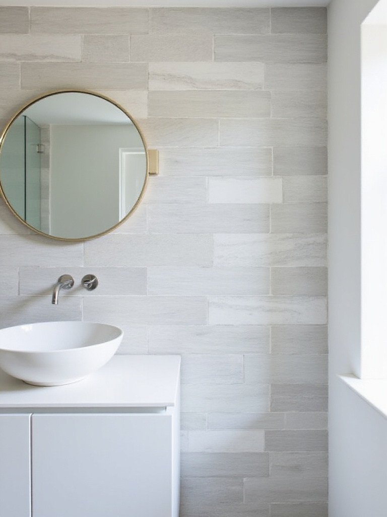 Modern bathroom with light gray rectangular tiles in a stack bond pattern above a white vanity.