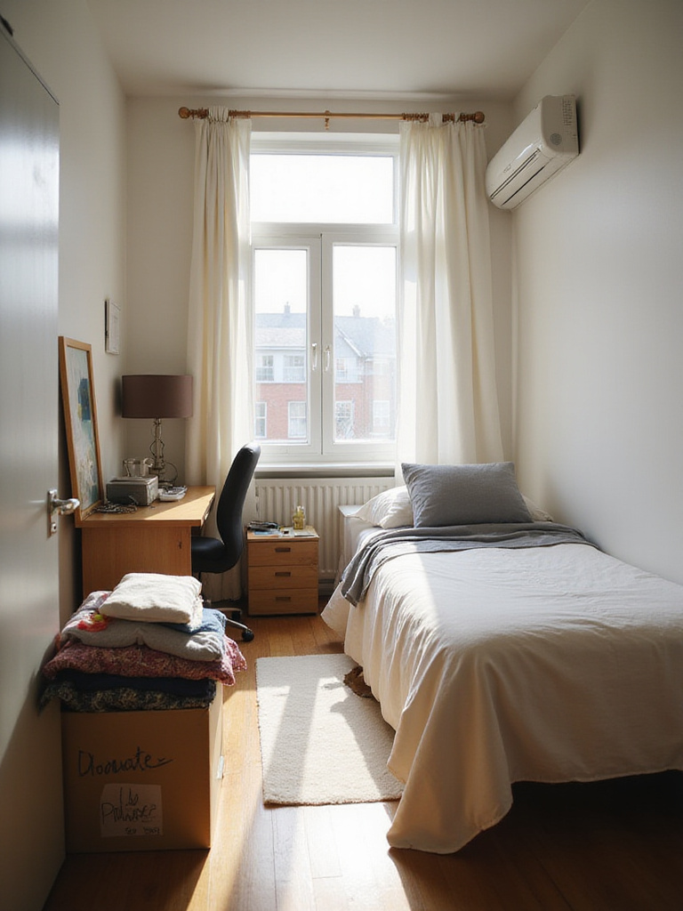 View of a calm, organized apartment bedroom with a neatly made bed, a tidy desk, and a box labeled 'Donate' indicating a successful decluttering process.