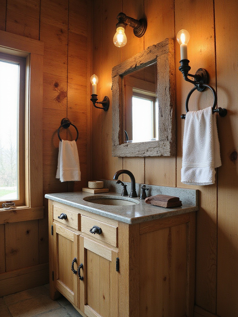 Rustic bathroom vanity with oil-rubbed bronze faucet, dark iron pulls, reclaimed wood mirror frame, and wrought iron light fixture.