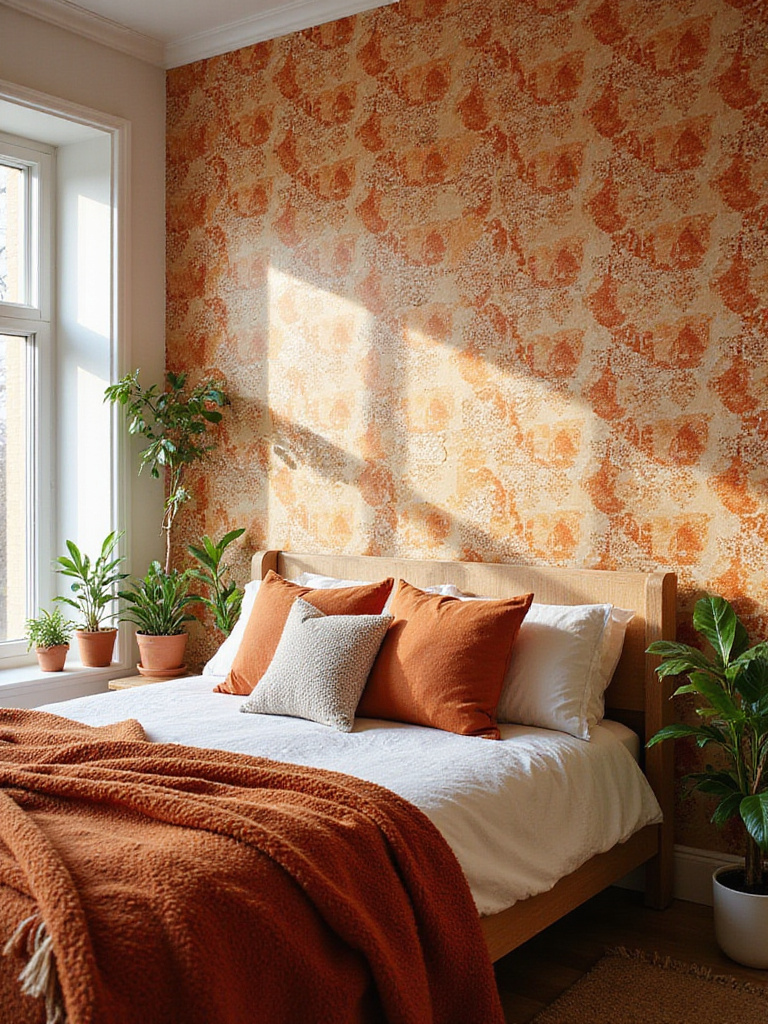 Boho bedroom with a vibrant geometric patterned accent wall.