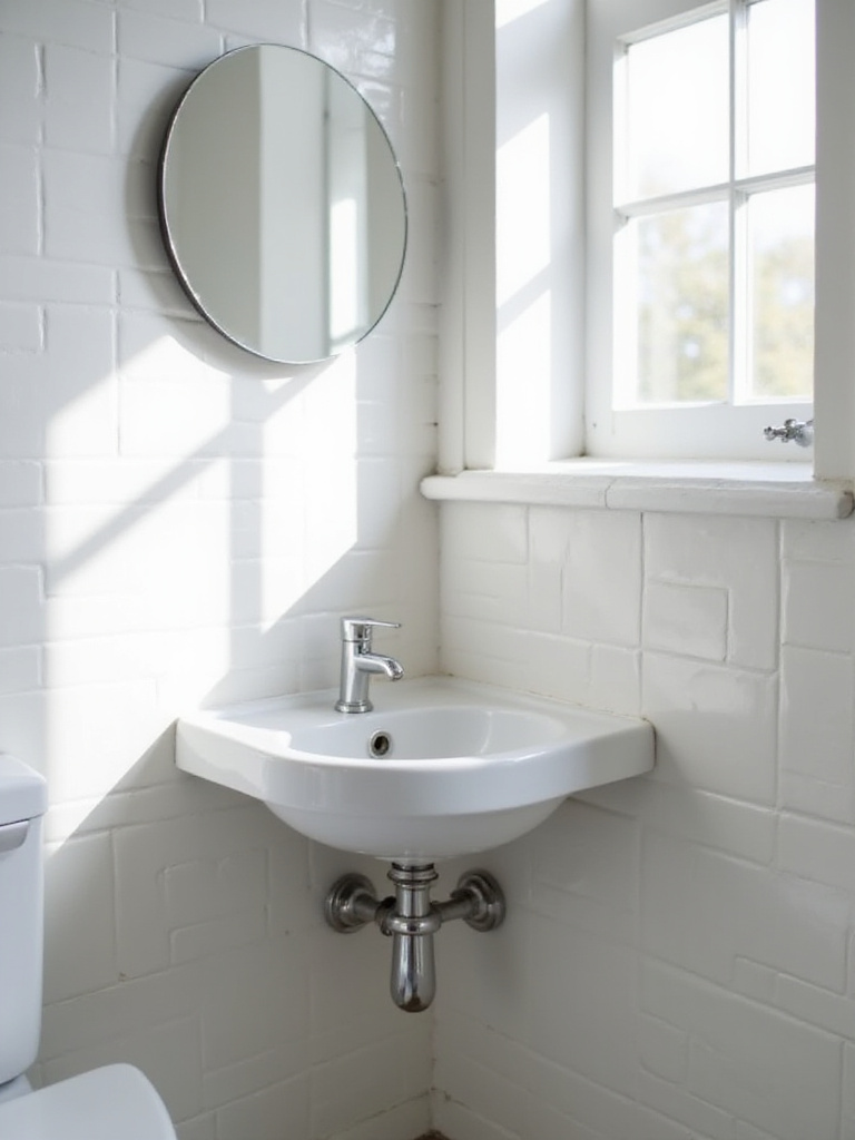 A white wall-mounted corner sink installed in a small bathroom, demonstrating a space-saving layout. A mirror is mounted above the sink on the tiled wall.