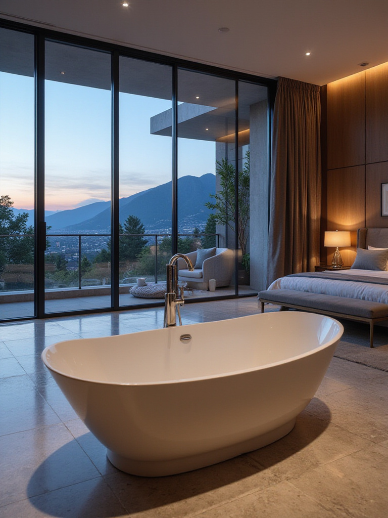 Luxurious modern bedroom featuring a freestanding soaking tub positioned by a large window with a scenic view, illustrating integrated luxury bathroom design.