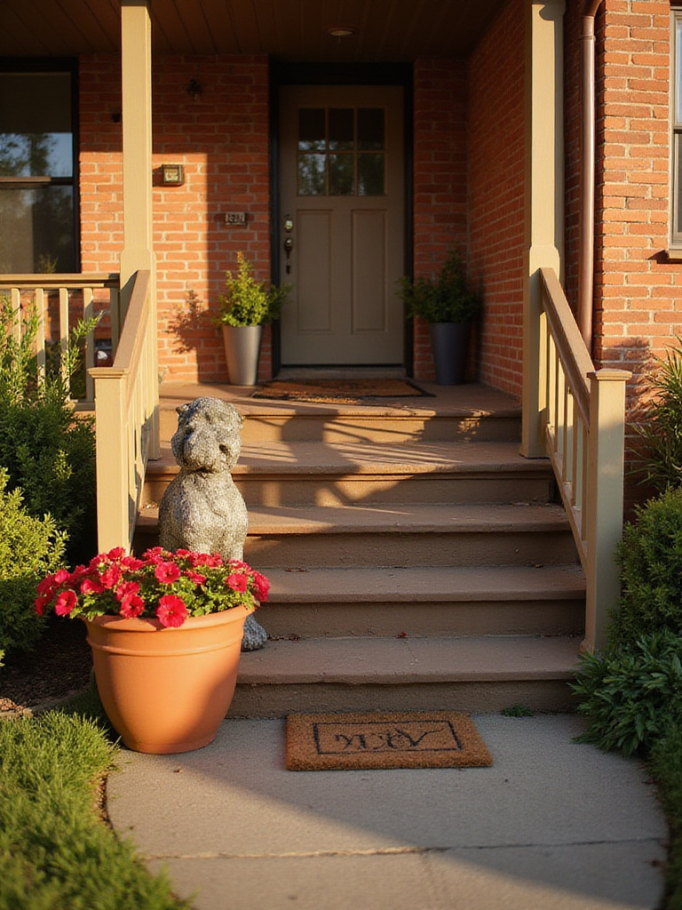 Charming front porch of a brick house with a stone dog statue nestled amongst potted plants near the steps, enhancing curb appeal.