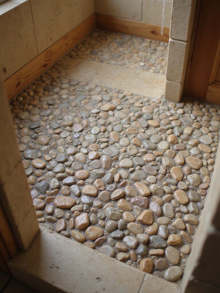 Rustic bathroom shower featuring a floor tiled with natural river rocks or smooth pebbles, highlighting the texture and organic feel.