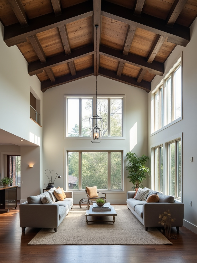 Modern living room with high ceiling and dark wood beams, adding architectural detail and character.