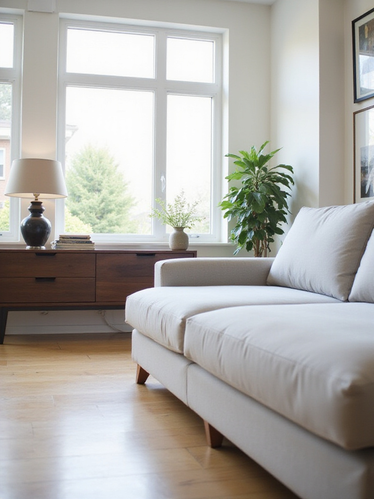 Modern living room with console table behind sofa