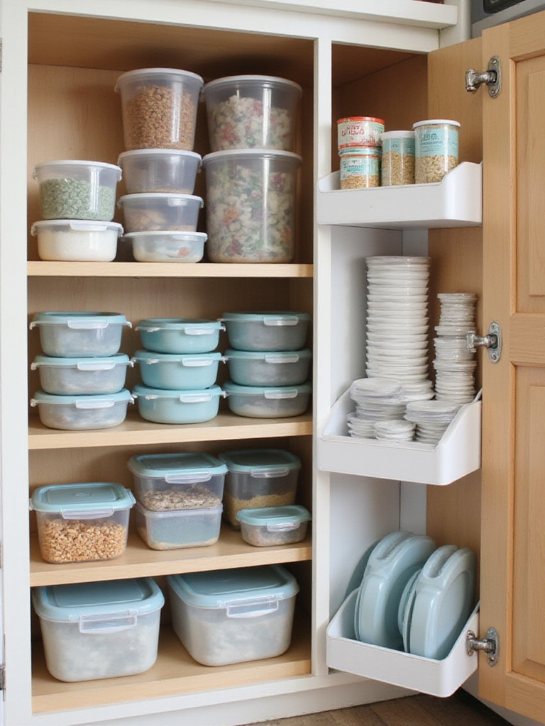 Organized kitchen cabinet with food containers and lids arranged neatly