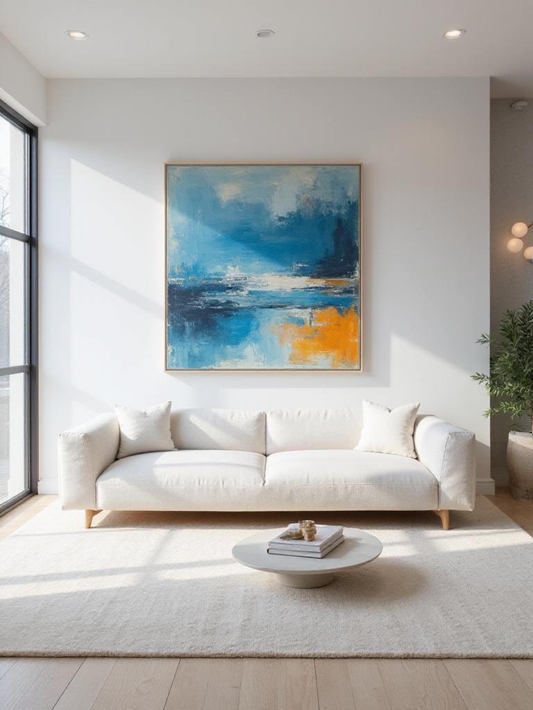 Modern living room featuring a large abstract painting above a sofa.
