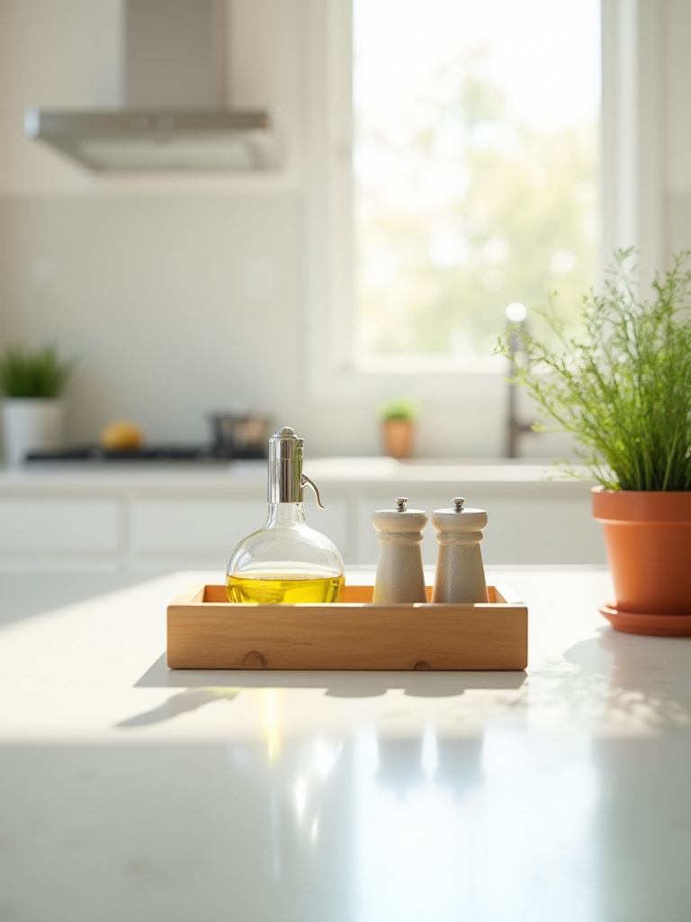 Stylish decorative wood tray on a clean kitchen countertop holding olive oil, salt and pepper grinders, and a small herb plant, demonstrating countertop organization and decor.
