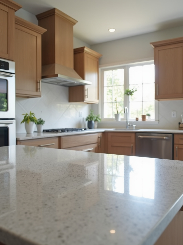 Modern kitchen with light gray quartz countertops and medium brown shaker cabinets.