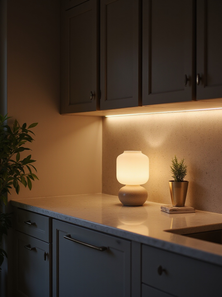 A stylish kitchen countertop illuminated by the warm glow of a small ceramic lamp, creating a cozy atmosphere.