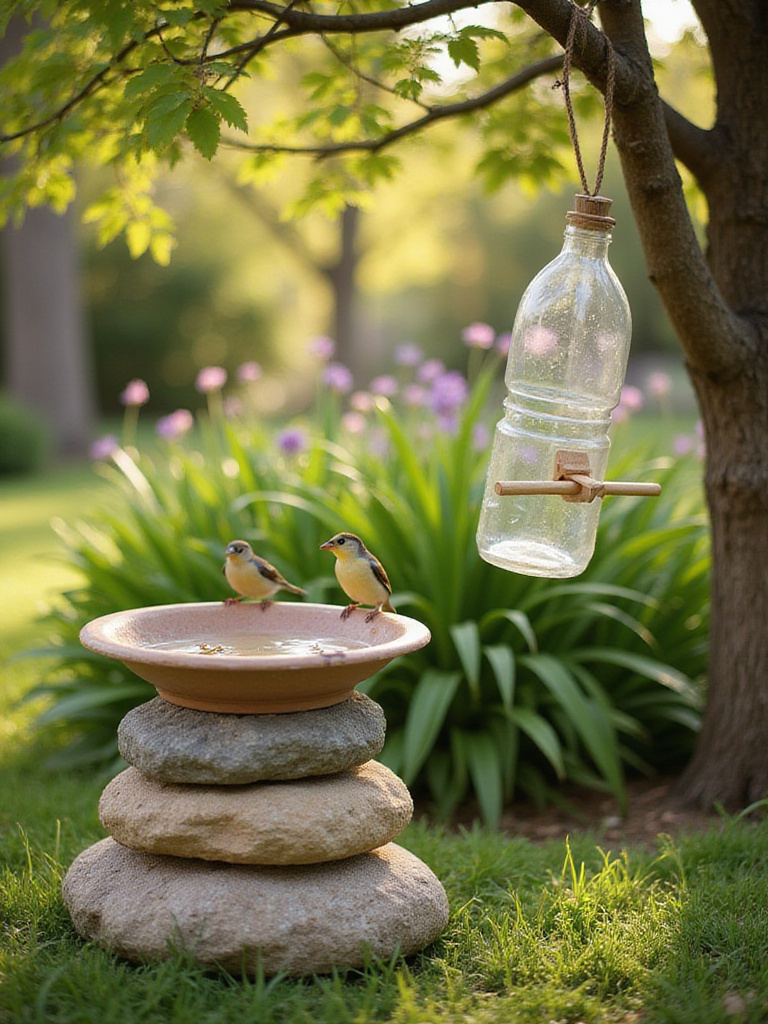 DIY bird bath made from a recycled dish on stones and a homemade bottle bird feeder hanging from a tree branch in a sunny backyard garden, attracting small birds.
