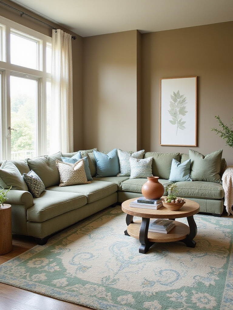 A harmonious living room interior featuring a warm neutral wall color, a sage green sofa, and accents in blues, creams, and terracotta, illustrating a well-crafted color palette.