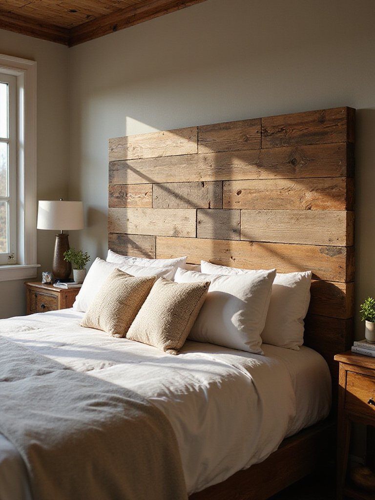 A rustic bedroom with a reclaimed wood headboard showcasing warm textures and colors.