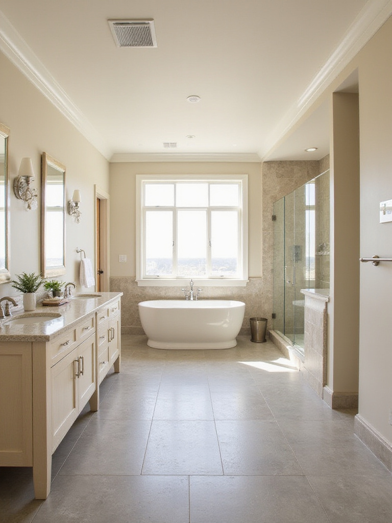 Spacious master bathroom with a spa-like aesthetic featuring a warm neutral color palette of beige, cream, and warm gray, with natural wood accents, a freestanding tub, and double vanity.