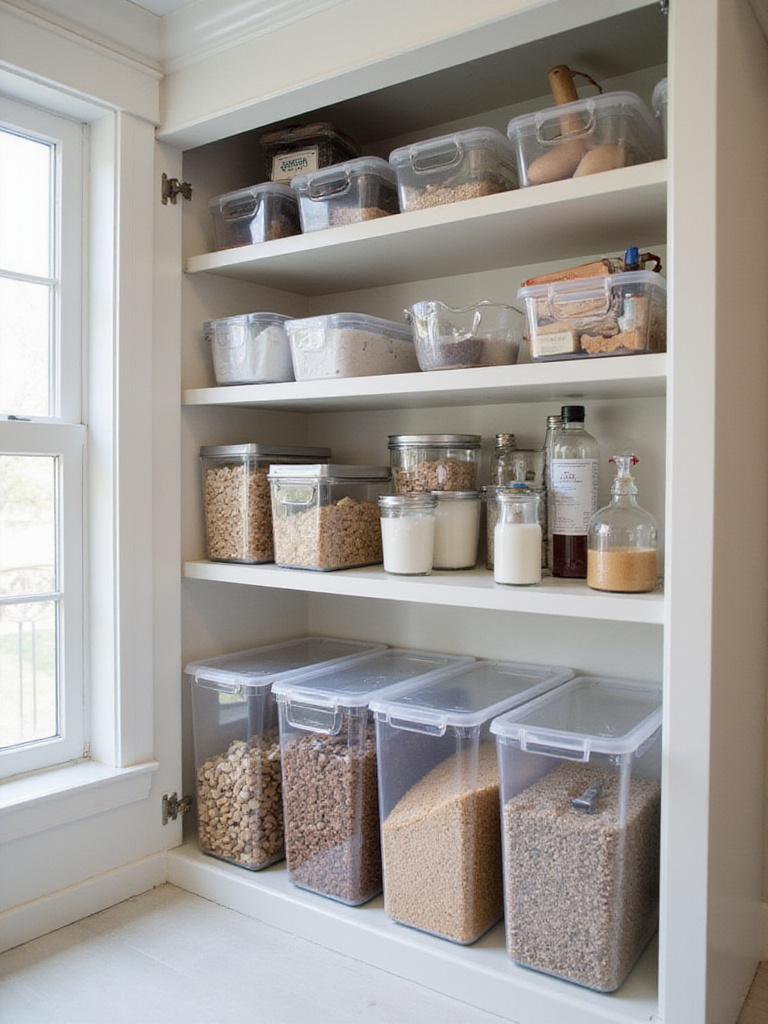 Organized kitchen cabinet with clear bins showcasing contents