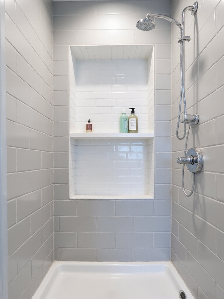 Built-in shower niche tiled with white subway tiles in a modern small bathroom shower with grey rectangular wall tiles, showcasing space-saving storage.