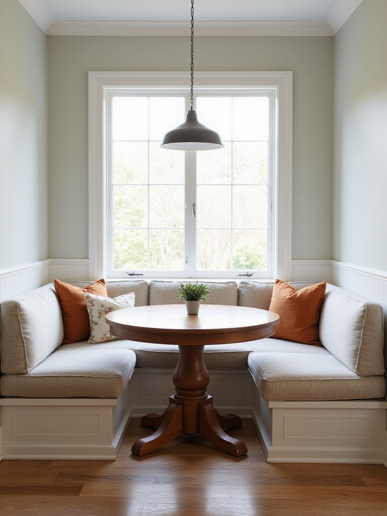 Cozy kitchen dining nook featuring L-shaped banquette seating with cushions, a round table, and chairs, illuminated by natural light from a window.