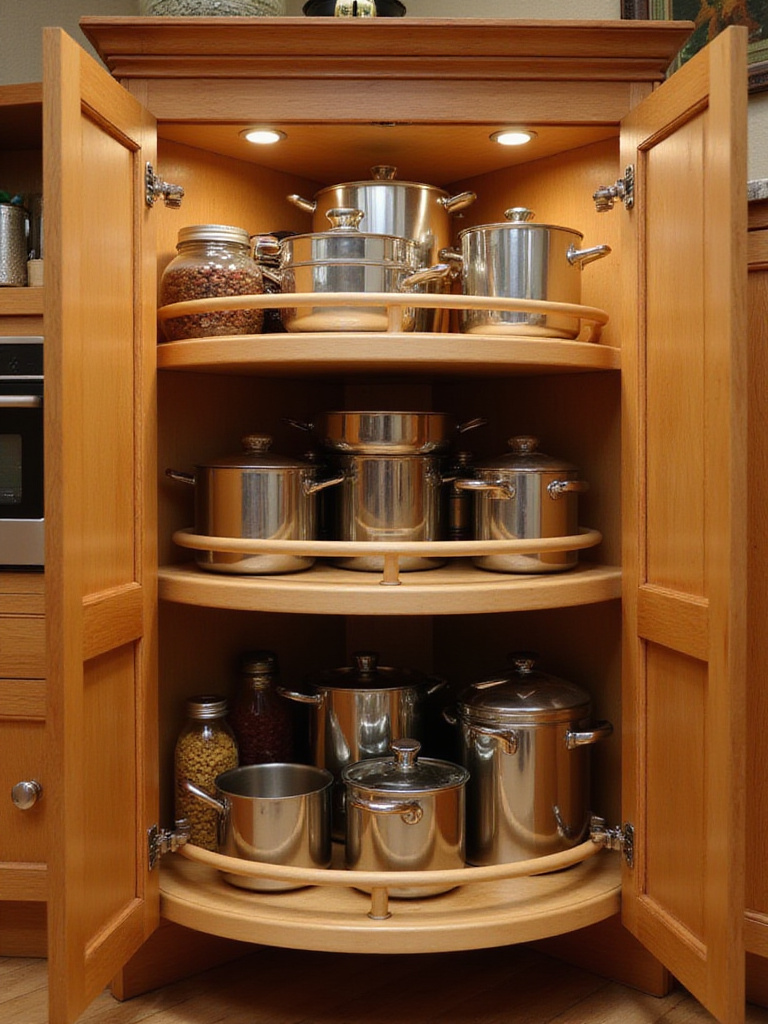 Organized corner cabinet featuring a multi-tiered Lazy Susan filled with kitchen items.