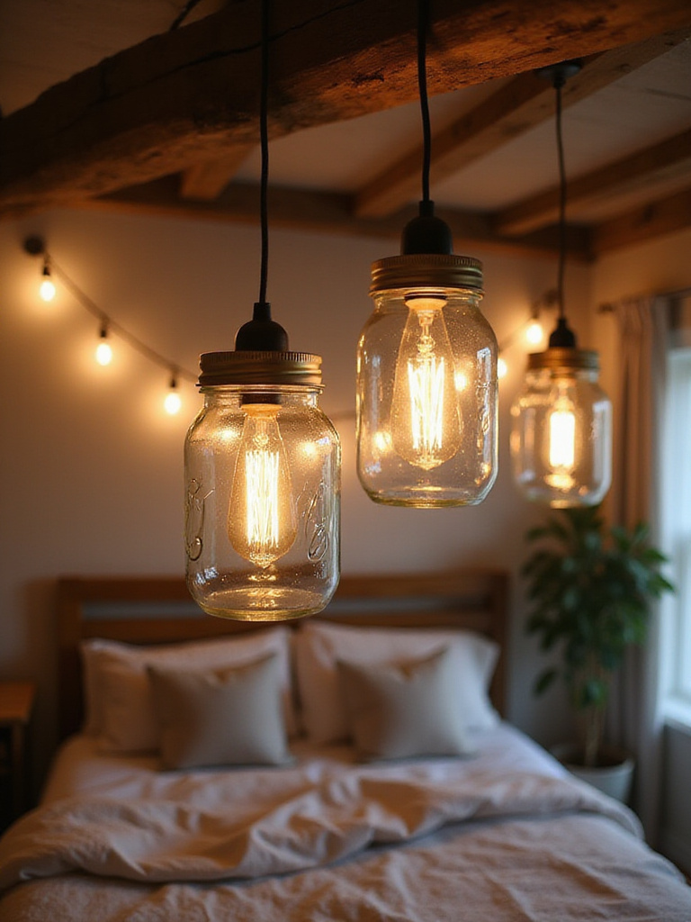 Rustic bedroom with DIY Mason Jar Pendant Lights hanging from a wooden beam